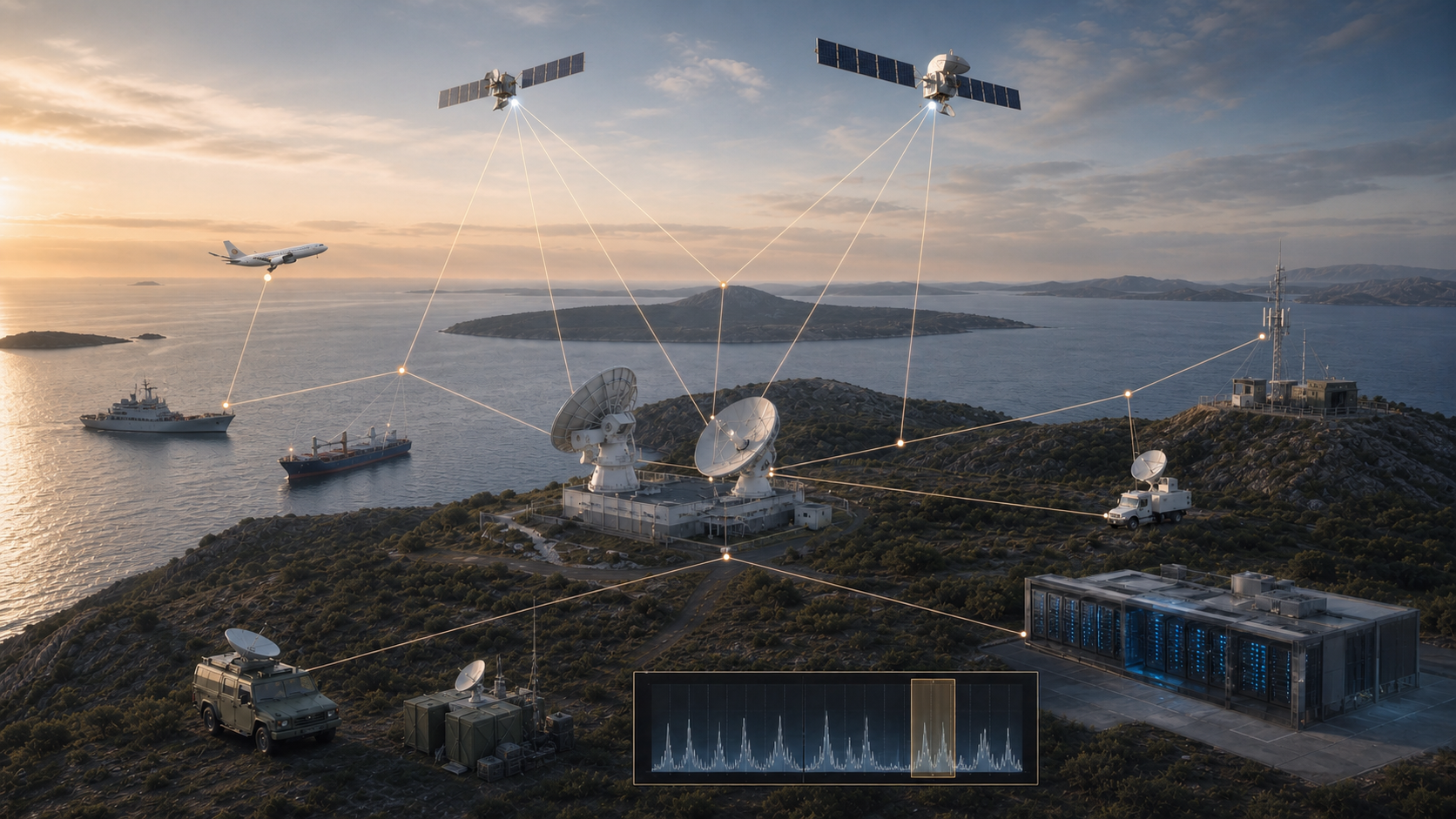 Chaîne civilo-militaire de connectivité satellitaire reliant stations sol, aviation, navires, communications déployables et centre de données